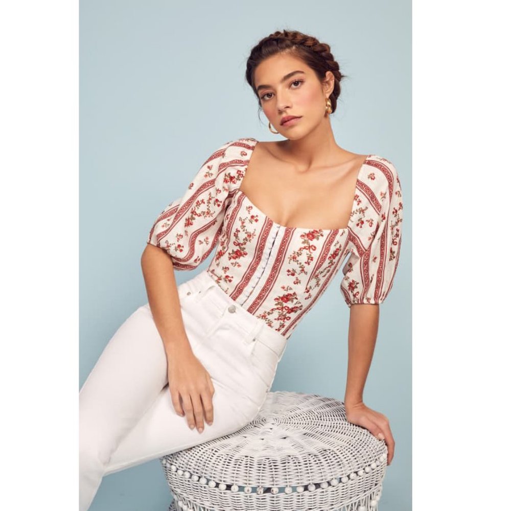 NWT Sz 8 REFORMATION Romi Top in Vienna Linen Puff-Sleeve Blouse Corset Hook Eye